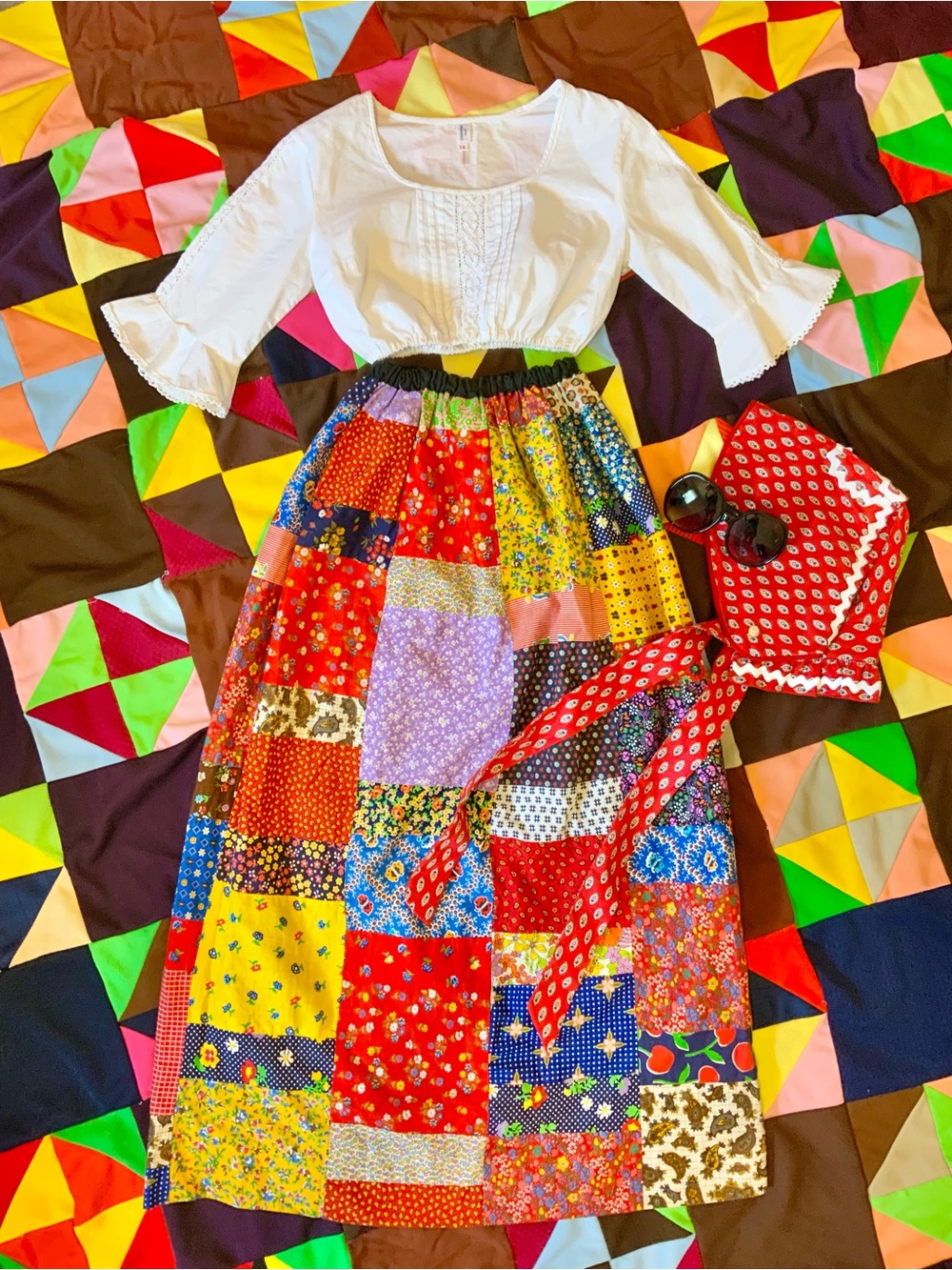 1970s Boho Patchwork Prairie Skirt